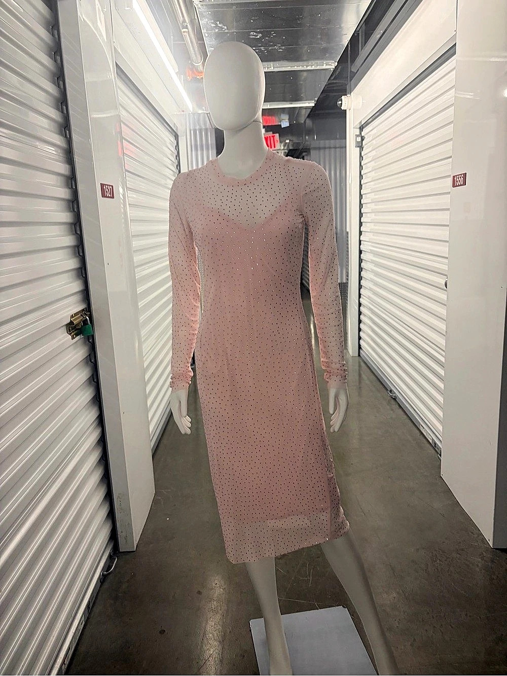 AFRM PINK RHINESTONE LONG SLEEVE MIDI DRESS